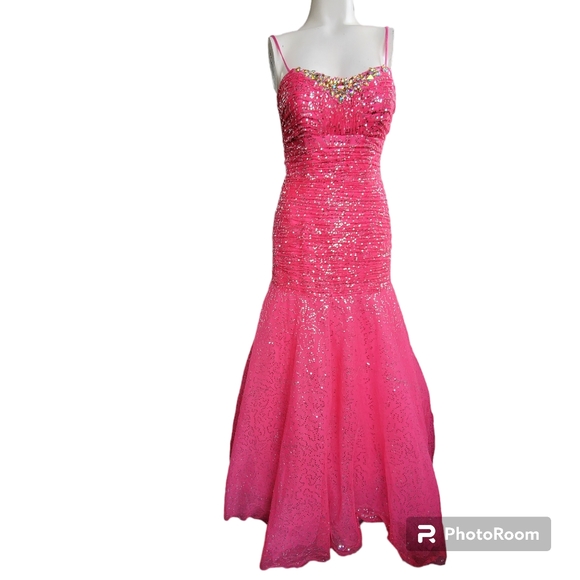 Tiffany Designs Pink Chiffon Sequined Rhinestones Mermaid Pageant / Prom Dress - Picture 3 of 15
